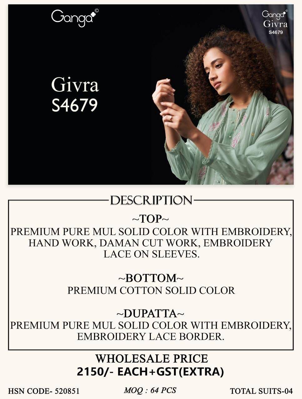GIVRA 4679 By Ganga Fashion 4679-A To  4679-D Series Beautiful Festive Suits Stylish Colorful Fancy Casual Wear & Ethnic Wear PREMIUM PURE MUL SOLID Print Dresses At Wholesale Price